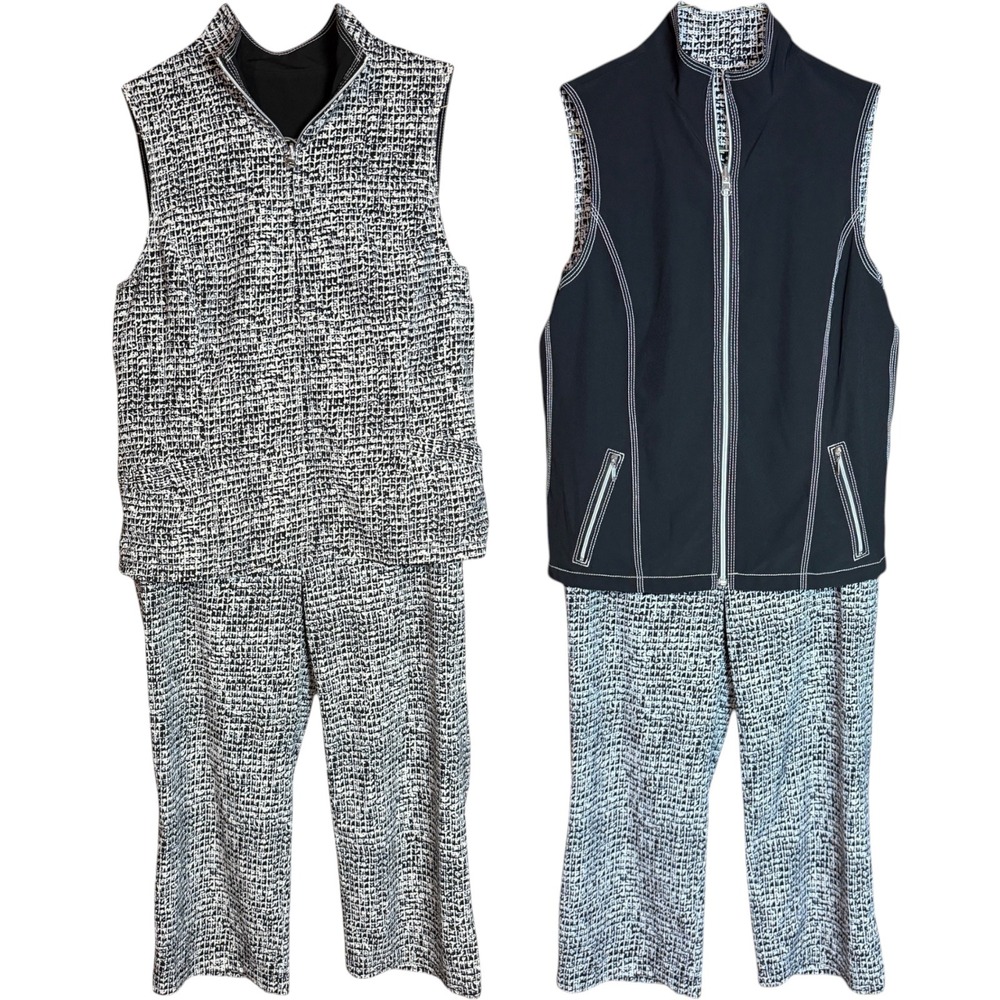 Chicos Zenergy Reversible Zip‎ Vest & Matching Cropped Pants Set Black White 8 1